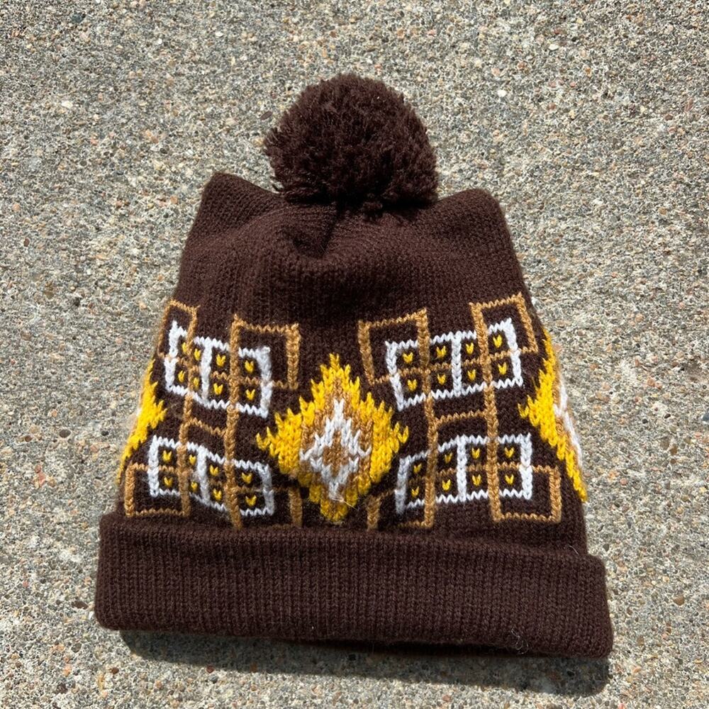 Vintage 70s 80s Avon brown retro mod pom beanie ski winter hat